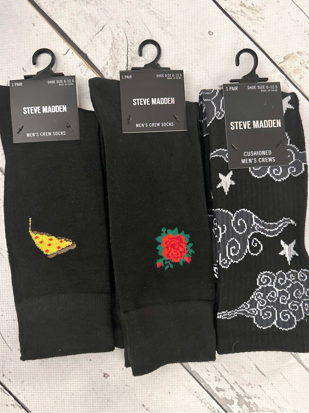 Steve Madden Black Crew Socks with Pizza, Rose & Pattern Accents